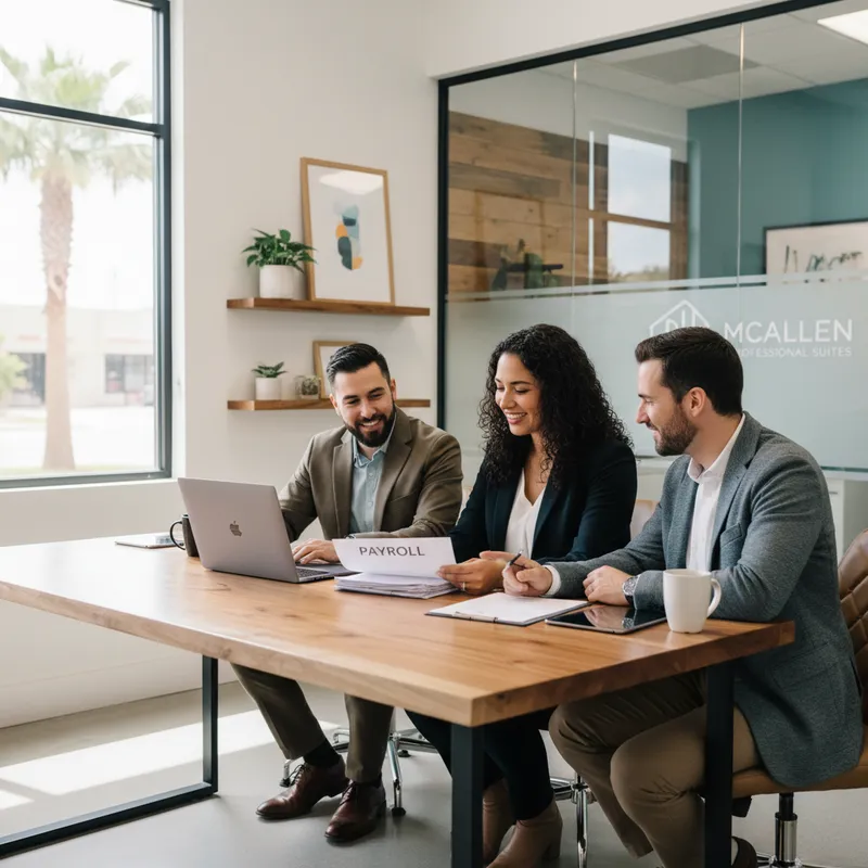 Bilingual team collaborating on payroll processing in a modern office