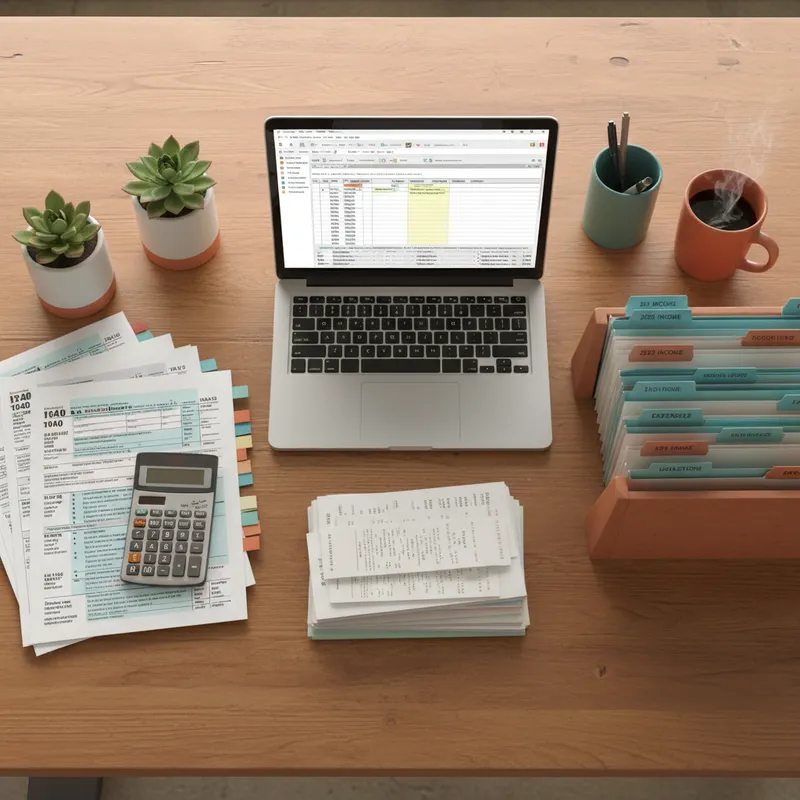 Organized tax coordination workspace with IRS forms and financial statements